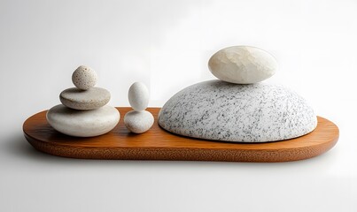 Poster - Still life composition with stacked stones on a wooden tray against white backdrop