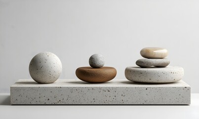 Poster - Minimalist Arrangement of Stone Spheres and Discs on a Light Textured Surface