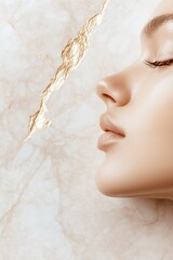 Poster - A minimalist portrayal of a serene female profile features elegant, textured gold-leaf lines on a smooth marble background, evoking Scandinavian luxury with neutral warm beige tones