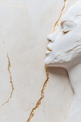 Poster - Serene female profile is beautifully crafted with gold leaf textures on a refined marble surface. The minimalist design embodies an elegant simplicity in warm beige tones