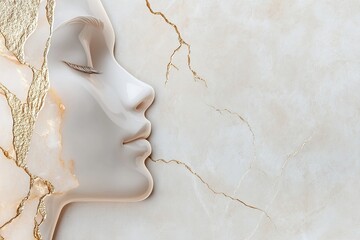 Poster - A serene female profile is elegantly depicted with textured gold-leaf lines against a smooth marble surface