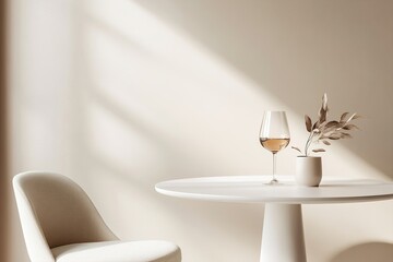 Poster - A minimalist Nordic dining table showcases a delicate wine glass alongside a simple vase with dried flowers. Soft natural light enhances the refined, luxury ambiance
