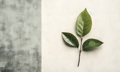 Poster - Fresh green leaves on a cream background with grey textured background on the left