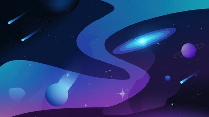 a vibrant illustration of a cosmic scene featuring planets, stars, and swirling nebulae in shades of