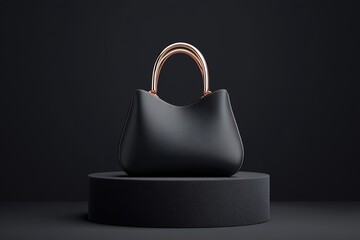 Wall Mural - A luxury handbag with elegant soft curves and rose gold detailing is showcased on a black velvet pedestal. The dramatic lighting highlights its minimalist design and sophisticated appeal