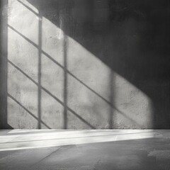 Poster - Soft beams of light filter through tall windows, casting intricate shadows on the rugged surface of a cement wall. This serene moment captures stillness and simplicity, evoking a sense of calmness