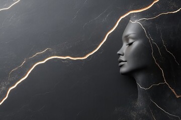Poster - A sophisticated female silhouette emerges from a deep black marble texture, outlined by shimmering white gold strokes
