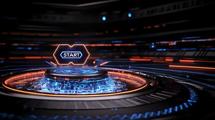 Poster - Futuristic circular platform with glowing blue lights and orange accents against dark background creates dramatic sci-fi atmosphere for gaming or technology concepts.