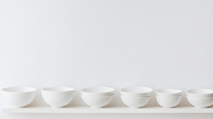 Aufkleber - A row of simple, elegant white bowls sit neatly on a shelf against a plain white wall, creating a clean, minimalist aesthetic.