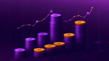 Poster - Growing stacks of purple and orange coins with ascending line graph showing financial growth trend against dark background with neon glow effect.