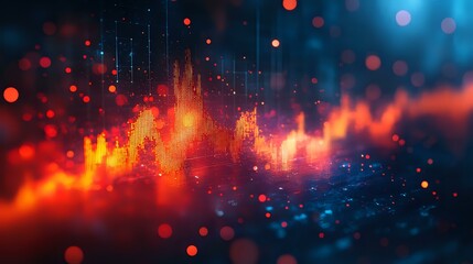 Poster - Glowing orange wave pattern with bokeh lights on dark blue background, digital frequency visualization with blurred particles for technology designs.