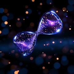 Poster - Glowing hourglass with magical sparkles floating in dark space, illuminated by blue and purple light against blurred bokeh background. Concept of time and infinity.