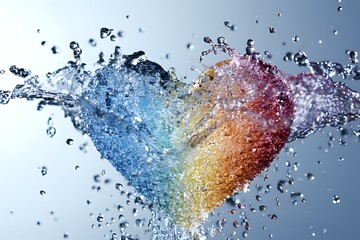 Poster - Heart shape formed by colorful water splash with droplets frozen in motion against light background, expressing love and fluidity in dynamic composition.