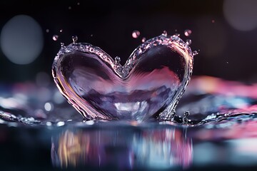 Poster - Heart-shaped water splash with pink and blue reflections creating romantic atmosphere against dark background with bokeh lights and mirror surface.