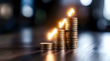 Poster - Stacked coins with burning candles creating ascending steps symbolize financial growth, investment success, and wealth accumulation in dark atmospheric setting.