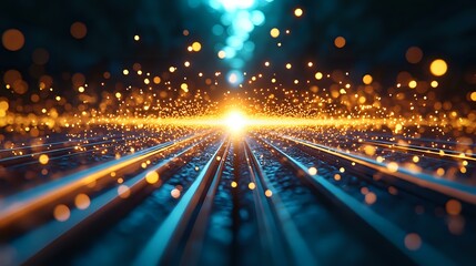 Poster - Glowing light rays with golden particles and bokeh effects create futuristic perspective on dark background, abstract technology concept.