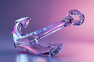 Poster - Iridescent glass anchor with holographic effect floating on pink and purple gradient background, modern maritime art piece with transparent crystal-like appearance.