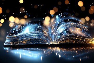 Poster - Magical glowing open book with sparkling blue light and golden bokeh effects reflecting on dark surface, fantasy literature concept for book covers and designs.
