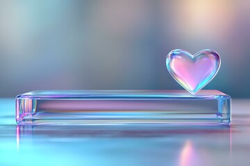 Poster - Glowing heart shape floating above glass platform with pink and blue gradient lighting creates romantic atmosphere on blurred background.