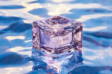 Poster - Crystal clear ice cube floating in blue rippling water with pink and purple reflections creates mesmerizing light effects and abstract patterns.