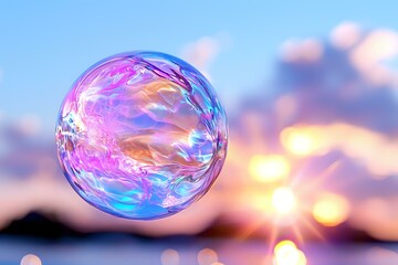 Poster - Iridescent soap bubble floating in sunset sky with bokeh lights, showcasing rainbow colors and reflective surface against blurred nature background.
