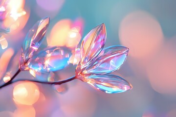 Poster - Ethereal crystal flower petals with iridescent reflections against soft bokeh background in pink and blue tones, creating dreamy magical atmosphere.