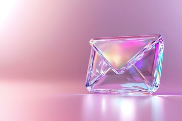 Poster - Crystal clear envelope symbol glowing with iridescent light on pink background, modern communication concept with holographic reflections and soft illumination.
