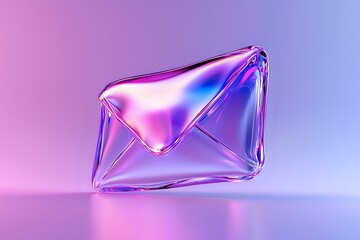 Poster - Glowing glass envelope with holographic gradient effect floating on pink and blue background, modern minimal design concept for digital communication.