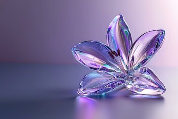 Poster - Iridescent crystal flower with five petals in purple and blue hues glowing on reflective surface against soft gradient background. Elegant decorative element.