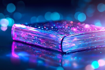 Poster - Magical glowing book with sparkles and bokeh lights in neon pink and blue colors creating dreamy atmosphere for fantasy or education concepts.