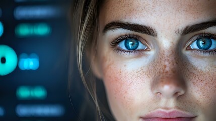 Poster - Young woman with bright blue eyes and natural freckles looking at computer screen in dark room, face illuminated by blue digital display light.