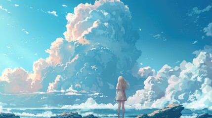 Wall Mural - A serene scene of a girl standing on rocky shores, gazing at vibrant clouds and ocean waves under a bright sky