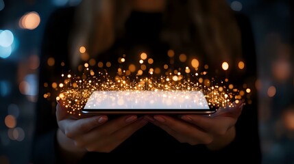 Poster - Glowing magical particles rising from digital tablet held in hands against dark background with bokeh lights, representing digital transformation and innovation.