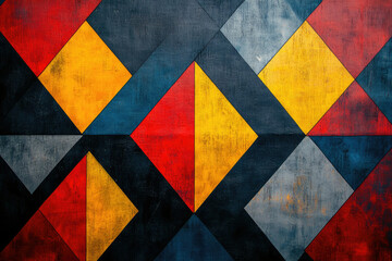 Poster - Abstract geometric artwork featuring vibrant red, yellow, blue, and gray hues in a textured, diamond and triangle pattern.