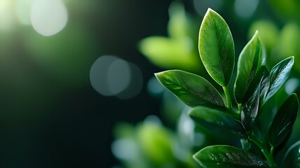 Poster - Fresh green leaves with water drops against blurred natural bokeh background, closeup nature photography showing morning dew and vibrant foliage.
