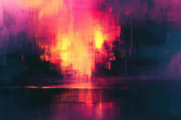 Poster - A vibrant digital cityscape at sunset, reflected in still water, exhibiting glitch art effects.