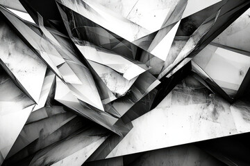 Poster - Abstract grayscale image featuring a chaotic arrangement of fragmented geometric shapes, creating a dynamic and edgy composition.