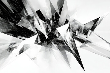 Aufkleber - Abstract grayscale artwork featuring fragmented, sharp geometric shapes creating a chaotic yet visually striking composition.