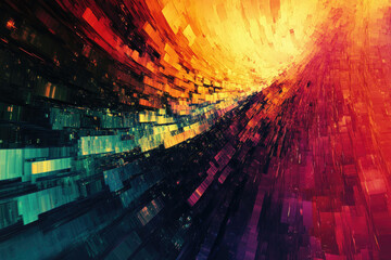 Aufkleber - Abstract digital art depicting a vibrant, swirling vortex of colorful blocks and lines, creating a sense of depth and movement.