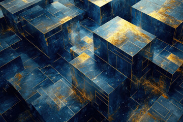 Poster - Abstract 3D rendering of interconnected blue and gold cubes, creating a futuristic or technological aesthetic.