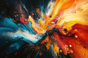 Poster - A vibrant explosion of color in an abstract painting, showcasing dynamic brushstrokes and a mix of warm and cool tones.