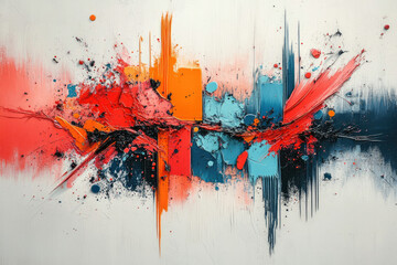 Poster - Abstract painting with vibrant red, orange, blue, and black strokes, creating a dynamic and expressive composition.