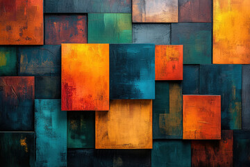 Aufkleber - Abstract artwork featuring a mosaic of textured, colorful squares in varying shades of orange, teal, and dark brown.