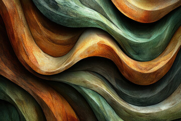 Poster - Abstract artwork featuring flowing, wavy shapes in earthy tones of green, brown, and orange.