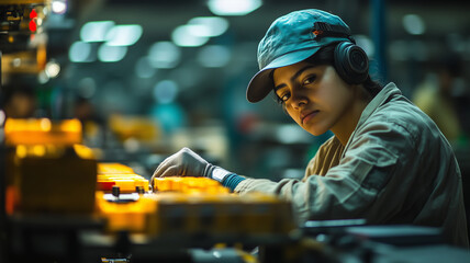 Poster - Dedicated factory worker in assembles products with high precision
