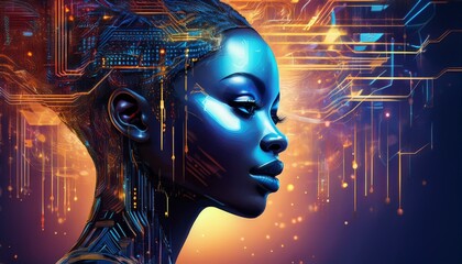 A futuristic digital concept where binary code, AI neural networks merge into female face 