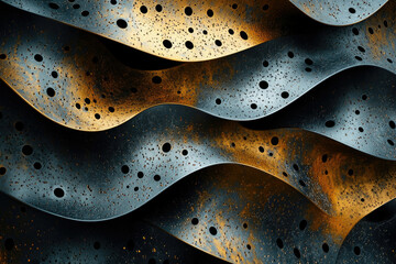 Aufkleber - Abstract metallic texture with wavy, perforated surfaces in dark grey and gold hues.