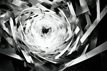 Aufkleber - Abstract grayscale artwork depicting a vortex of fragmented, brushstroke-like shapes converging towards a central point.
