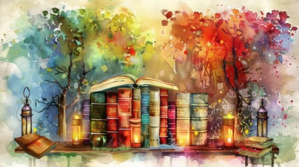 Wall Mural - A vibrant watercolor scene depicting a stack of colorful books surrounded by glowing lanterns and autumn trees