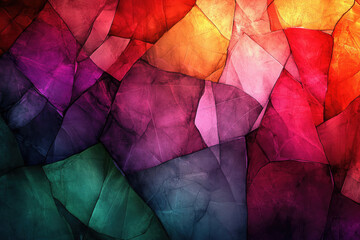 Poster - Abstract art featuring vibrant, fragmented shapes in shades of red, purple, green, and orange.